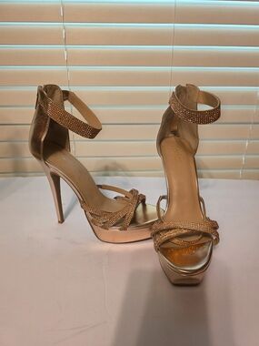 Thalia Sodi Rose Gold Rhinestone Platform Stiletto Sandals